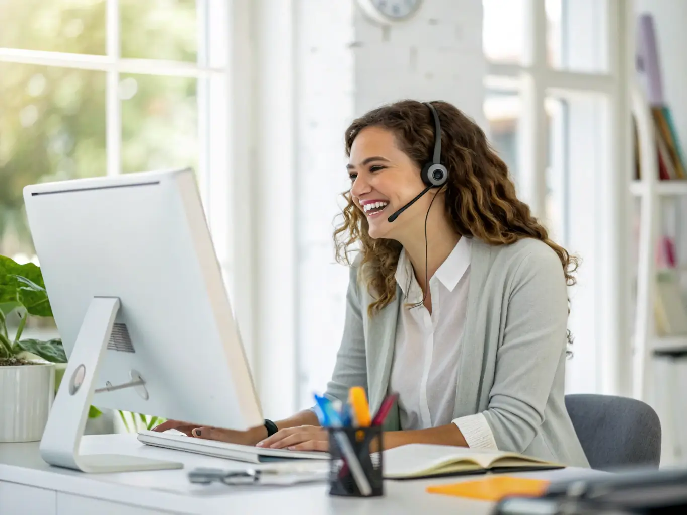 A friendly Vendigrow customer support representative smiling and assisting a client over the phone in a modern office setting.